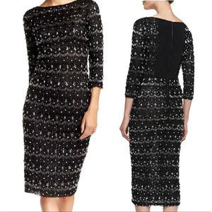 Alice+Olivia S Art Deco BEADED Scalloped Sheath Dress Bodycon Long Sleeve Black